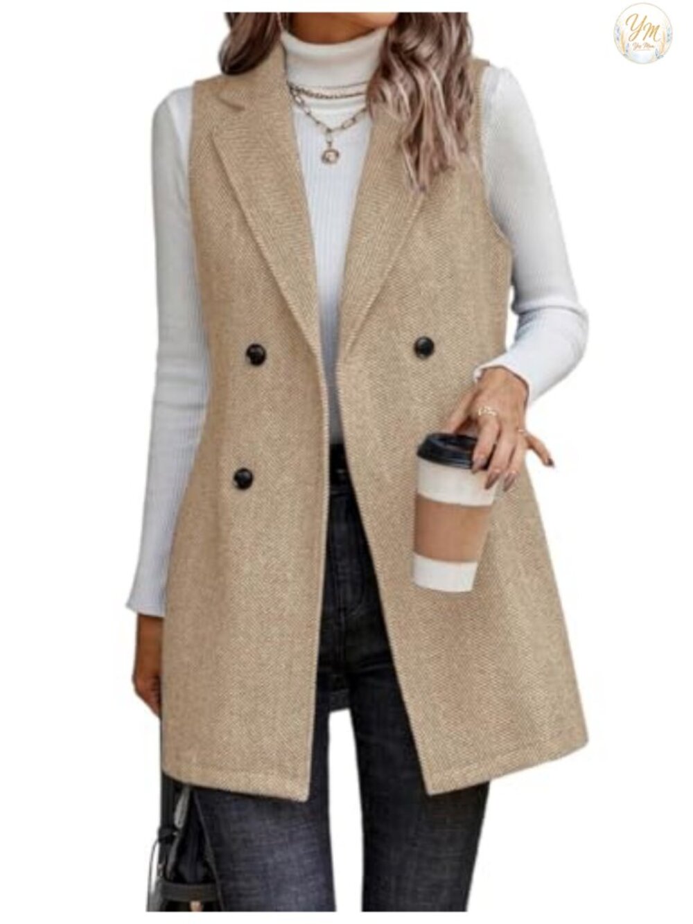 Women's Sleeveless Tweed Long Vest Blazer Jacket, Wool Blend Cardigan Outerwear